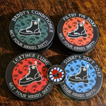 Set of 4 Dirty Hands bootblack products plus Alistair's Bootblack Europe 2020 title pin
