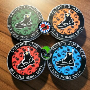 Set of 4 Dirty Hands Products and both Alistair & Jak's Bootblack Europe Title Pins